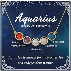 Nymerianoble Gold Aquarius Zodiac Necklace for Women Birthday Anniversary Gifts Jewelry Healing Stone Necklaces Beaded Choker Necklace Crystal Jewelry Aquarius Gifts for Women Unique