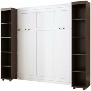 Sornyix Queen Murphy Bed with Side Cabinet Storage, Vertical Wall Bed Unit with Shelves, White Wood Platform Bed for Guest Room