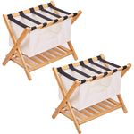 koyasiry Folding Luggage Rack for Guest Room with Laundry Bag,Pack of 2,Foldable luggage Racks for Suitcase Stand with Storage Shelf,Natural Bamboo Luggage Holder for Hotel,No Assembly Required