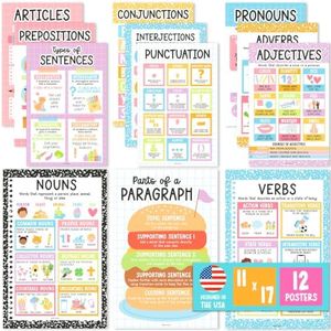 Parts of Speech Posters for Classroom Must Haves - 12 English Grammar Posters for Classroom, Writing Process Language Arts Elementary & Middle School, ELA 3rd 4th & 5th Grade Pastel Classroom Decor