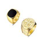 ADRAMATA Wide Men's Signet Ring, Stainless Steel, Preferred Fashion, Black Enamel & Religious Cross & Crown Carved Ring, Gold Tone Vintage Hip Hop/Rock Ring Engagement Friendship Ring for Men