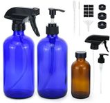 Empty Glass Spray Bottles Refillable Container, Adjustable Trigger Sprayer with Mist Stream Settings,Soap Dispenser Pump,Sealing Caps, Brush,Funnel, for Essential Oils,Watering Plants(500ml, Blue)