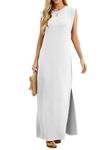 GRECERELLE Womens Summer Maxi Dress Casual Shirt Dresses Elegant Styles Basic Sleeveless Maxi Dresses for Women UK with Split and Pockets (White, L)