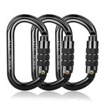 BOORCA UIAA Certified Climbing Carabiners, 25KN Auto Locking Heavy Duty Carabiner Clips for Hammocks, Swing, Locking Dog Leash and Harness, Camping, Hiking & Utility, 3Pack, Black