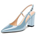 MODENCOCO Women's Pointed Toe Slingback Patent Cut Out Ankle Strap Block High Heel Pumps Shoes 3.5 Inch, Light Blue, 12.5