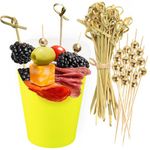 [50 Cups + 200 Picks] 14 oz Yellow Charcuterie Cups with Cocktail Picks (2 Types) - Disposable Cardboard Paper Appetizer Cups, Popcorn Boxes