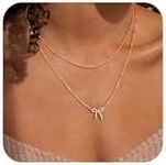 CAROVO Gold Bow Necklace 14K Dainty Choker Necklace Cute Layered Necklace Bow Pendant Necklace Jewelry Gift for Women