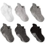 LA ACTIVE Non Slip Grip Ankle Boys and Girls Socks with Non Skid for Babies Toddlers and Kids Back to School, Grayscale - 6 Pairs, 8-10 Years