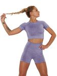 Famulily Sexy Workout Outfit for Women 2 Pieces, Seamless Yoga Leggings, Short Sleeve T-Shirt Top and Shorts Set, Summer Casual Gym Workout Running Tracksuit Outfits Sportswear Yoga Clothes Purple M