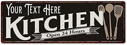 Personalized Kitchen Sign Home Decor Custom Name Rustic Signs Wall Art Decorations Tin Plaque Pantry Moms Family Farmhouse Retro Eat Coffee Gift 6 x 18 Matte Finish Metal 106180014001