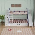 Wudniture Solid Sheesham Wood Bunk Bed for Kids and Adults with Storage | Bunk Bed with Slide | Natural White and Blue