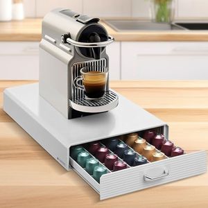 Navaris Coffee Pod Holder Drawer - 50 Capsule Storage Organizer Tray Counter Container - Fits Standard Sizes of Pods and Capsules - 1 Drawer Design - White