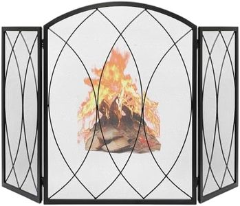 FEED GARDEN 3 Panel Fireplace Screen 48" W x 29.5" H Modern Foldable with Wrought Metal Decorative Mesh,Arch Heavy Duty Fire Spark Guard Cover for Home Decor Indoor, Black