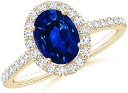 Angara Natural Blue Sapphire Ring for Women | Prong-Set Oval Blue Sapphire Halo Ring with Diamond Accents in Yellow Gold | September Birthday, Gemstone Jewelry Gift | A | 8x6mm | Ring Size- 7.5