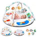 Oneyus Baby Play Gym & Large Round Activity Mat, Sensory Playmat with 5 Development Zones & 5 Hanging Toys, Ideal for Newborn Tummy Time, Baby Gift, 0+ Months