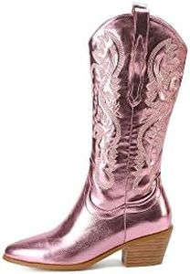 YEOTREAN Women's Western Cowboy Boots Wide Mid Calf Boots, Pink, 10