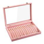 Frebeauty 15 Hooks Necklace Tray Velvet Neckalce Organizer with Clear Lid Lockable Necklace Holder Box Jewelry Organizer for Pendants Chains Necklace Jeweley Tray for Women Girls(Pink)