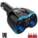 Qidoe USB C Car Charger Cigarette Lighter Splitter Adapter 2 Socket Type C Multi Power Outlet 12V/24V 80W DC with LED Voltmeter Switch 5.8A Dual USB Port for Mobile Cell Phone GPS Dash Cam