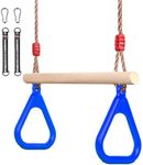 Trapeze Swing Bar Rings, VIsuIvit Children's Wooden Trapeze Swing Bar with Adjustable Rope, Locking Straps, Outdoor Swing Set Playground Accessories Gym Rings for Kids (Blue)