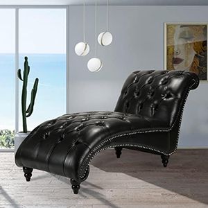 Black Faux Leather Chaise Lounge Indoor 66" with Button Tufted Nailhead Trim Armless Lounge Chair for Living Room Bedroom Ergonomic Refined Modern Backrest Leisure Recliner Sleep Sofa