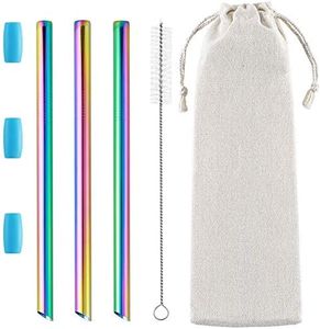 3 Pcs Reusable Boba Straws & Smoothie Straws, 0.5" Wide Stainless Steel Straws, Angled Tips Metal Straws for Bubble Tea, Milkshakes, Smoothies with Cleanning Brush & Case (Rainbow)