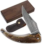 YOUSUNLONG Pocket Knife - Folding Knife - Overall 205mm - Japanese Damascus Steel Blade - Natural Antelope Horn Handle with Leather sheath and walnut wooden Knife Box