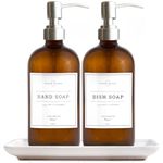 Vine Creations Glass Soap Dispenser, 2 Pack Kitchen Soap Dispenser Set with Ceramic Tray, Stainless Steel Pump with Waterproof Labels (Amber Bottles + Silver Pump + Tray)