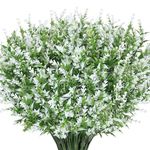 Ageomet 12 Bundles Artificial Lavender Flowers Outdoors UV Resistant Fake Shrubs Greenery Plants Indoor Plastic Faux Bouquets for Outdoor Home Garden Porch Decoration (White)