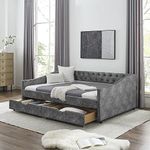 Harper & Bright Designs Upholstered Full Size Daybed with Storage Drawers, Full Tufted Sofa Bed Daybed with Button and Arms, Wood Full Daybed with Slat Support, No Box Spring Needed (Full, Grey)