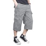 MAGNIVIT Mens Capri Long Elastic Cargo Shorts Below Knee 3/4 Cargo Shorts Cotton Relaxed Fit Casual Multi-Pocket Light Grey 34