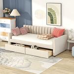 Merax Upholstered Daybed with Drawers, Wood Slat Support, Twin Size Upholstered Frame Sofa Bed, Beige