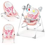 COSTWAY 2-in-1 Baby Swing, Electric Toddler Bouncer with 5 Swing Speed, 3 Timer and Built-in Music, Includes Remote Control & Removable Tray, Foldable Infants Rocker Suitable from Birth (Pink)