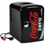 Coca-Cola Zero Portable 6 Can Thermoelectric Mini Fridge Cooler/Warmer, 4 L/4.2 qt, Black, 12V DC/110V AC for home, dorm, car, boat, beverages, snacks, skincare, cosmetics, medication