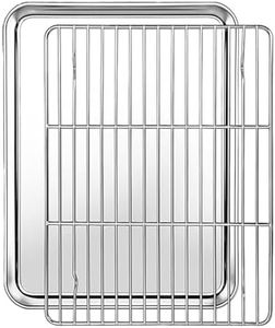 12.4inch x 9.7inch Small Toaster Oven Pan with Grid Rack Set, Stainless Steel Toaster Oven Tray Baking Pan with Cooling Rack for Oven Cooking Roasting