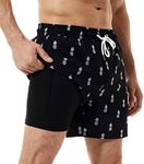 BRISIRA Swim Trunks Men Quick Dry Swim Shorts 5 inch Inseam Stretch Water Beach Shorts with Compression Liner Zipper Pocket Black Pineapple