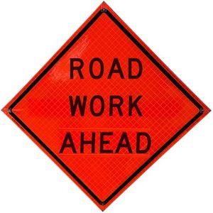 Xpose Safety 36" x 36" Reflective Roll-Up Traffic Sign (Road Work Ahead), MUTCD Compliant, Fluorescent Orange Temporary Road Work Sign, Class 5 Reflective Construction Safety Sign