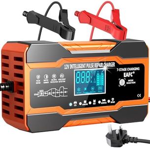 EAFC 12-Amp Car Battery Charger, 12V/12A Smart Fully Automatic Battery Charger with Temperature Compensation for Car Truck Motorcycle lawnmowers Marine Lead Acid Batteries (power cord length 2m)