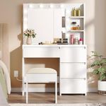 YITAHOME Dressing Table with Mirror and Stool, White Dressing Table with 4 Drawers Vanity Makeup Table with Mirror and Lights, Open Shelves Hollywood Bedroom Dressing Tables Adjustable Brightness