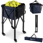 Goplus Foldable Tennis Ball Hoppers, Lightweight Aluminum Tennis Ball Basket with Wheels, Removable Bag, Side Pockets, Carry Bag, Portable Sports Teaching Cart Holds 150 Tennis Balls (Blue)