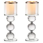 Sziqiqi Crystal Pillar Candle Holder Set of 2, Clear Glass Candlestick Holders Tealight Candle Stand Candlelight Dinner Table Centerpiece for Wedding Gifts Mantlepiece Fireplace Decoration, Silver Rim