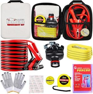 LIANXIN Car Emergency Roadside Tool Kit, Auto Emergency Kits Vehicles, with Jumper Cables kit，Car Safety Roadside Assistance Kit,Headlamp,Tow Straps,Tape Measure,Rainwear,Gloves.Gloves.Pale