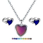 Mood Necklaces Color Changing Mood Rings Heart Locket Necklace for Girls Temperature Sensing Mood Jewelry Gifts (Mood Necklace Ring Set)