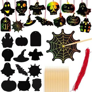 ArtCreativity Halloween Crafts (Bulk) - Scratch Art for Kids, 60 Sets with 60 Designs, 60 Sticks & Red Strings - Magic Colorful Scratch Art Party Favors, DIY Activity for Kids Classroom Decoration