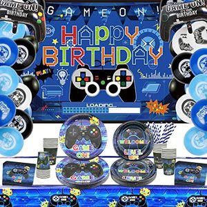 Ywediim Forniture per Feste per Videogiochi Set, Inclusi Happy Birthday Fondale da Gioco, Piatti, Tazze, Palloncini,Tovaglie,Cannucce, per Ragazzi Compleanno Favors Party Decorazione per (Serves 20)