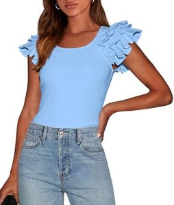 PRETTYGARDEN Women's Ruffle Short Sleeve Shirts 2025 Summer Casual Basic Tee Cute Fitted Crew Neck Fashion Tops Clothes (Light Blue,Medium)