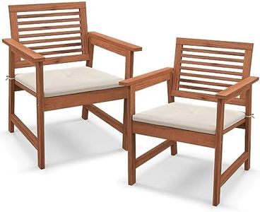GOPLUS - Juego de 2 sillas de patio de madera maciza, con cojines cómodos, asiento con láminas transpirables, reposabrazos desmontables, sillón de exterior para balcón, porche, piscina, carga 120 kg,
