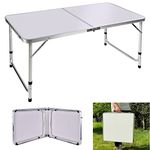 4ft Aluminum Folding Table Portable Folding Picnic Table Camping Table,3 Adjustable Height Lightweight Rectangle Trestle Table for Garden Outdoor Picnic Camping Dinner Table White,120x60x70/62/55cm