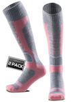 WEIERYA Ski Socks 2- Pack Merino Wool, Over The Calf Skiing & Snowboarding Socks for Men & Women Pink Medium