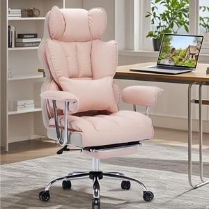 Efomao Big and Tall Office Chair 400lbs – High Back PU Leather Executive Chair with Lumbar Support, Footrest, Swivel Base, Padded Armrests, and Rolling Wheels for Home Office, Pink Computer Chair