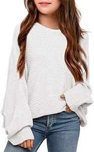 Mafulus Girl's Oversized Crewneck Fall Sweaters Kids Batwing Long Sleeve Slouchy Chunky Cute Pullover Jumper Shirts 5-14T White